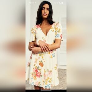 Sezane Cream Midi Dress with Multicolor Floral Design